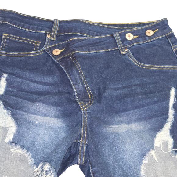 Distressed Denim Shorts Raw Hem Cut‎ Off Jean Shorts Dark Wash - Picture 2 of 5